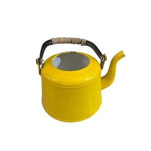 Vintage Yellow Enamel Teapot with Wicker Wrapped Handle Rustic Farmhouse Decor